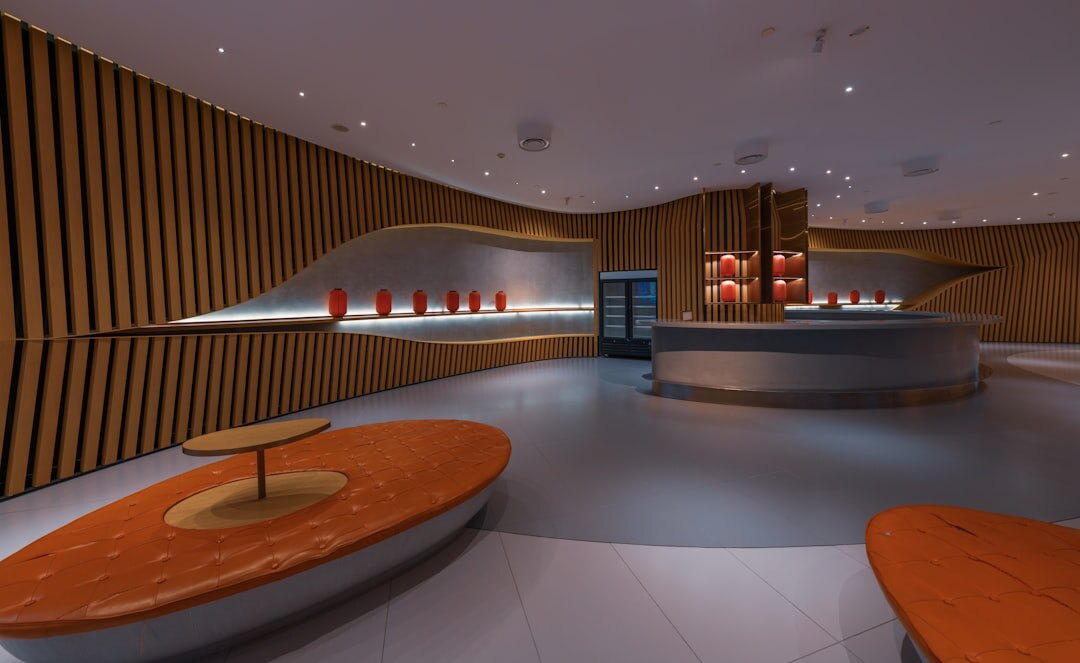 Reception desk in a modern editorial building lobby